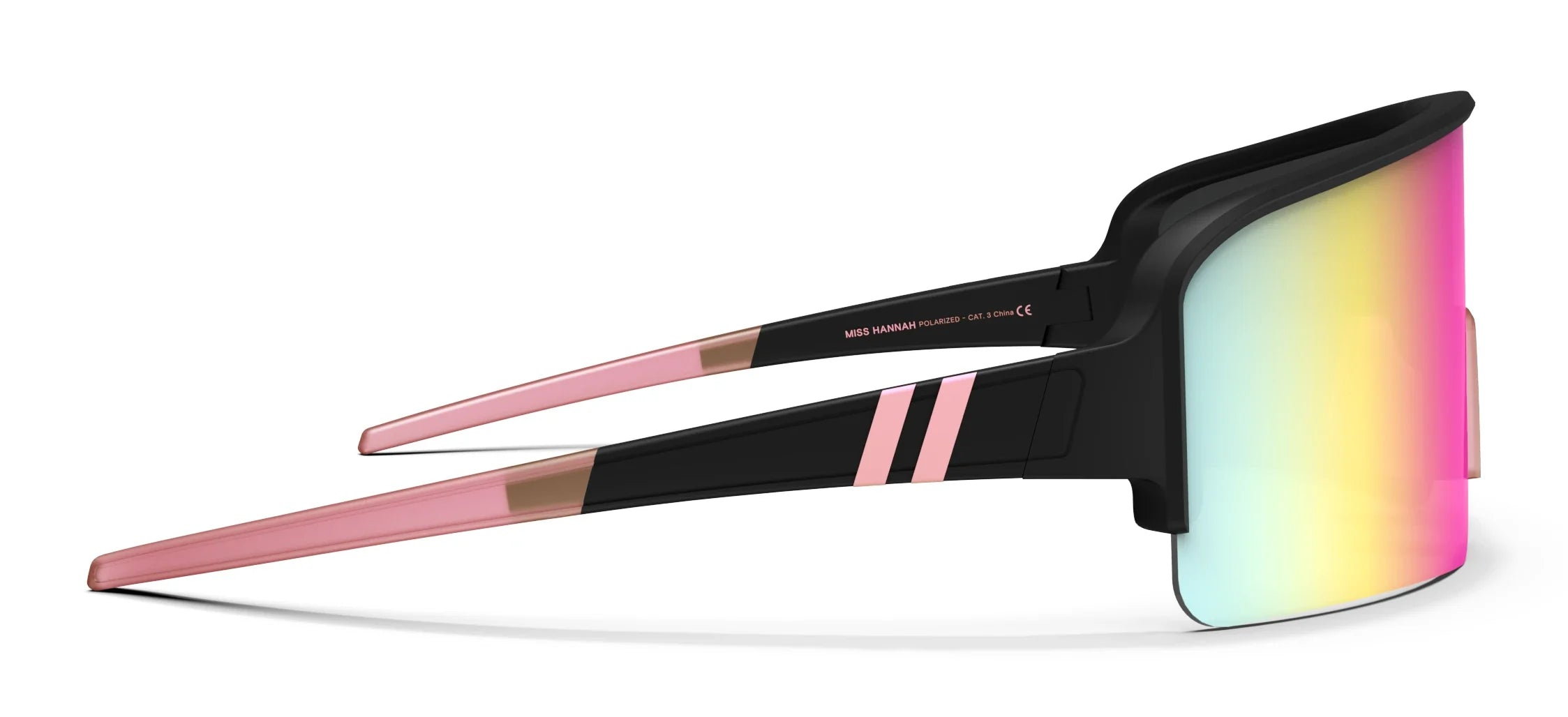 Miss Hannah Wrap Around Sunglasses - Polarized Full Shield Pink Lens & Matte Black Rubber Frame Sunglasses | $58 US | Blenders Eyewear